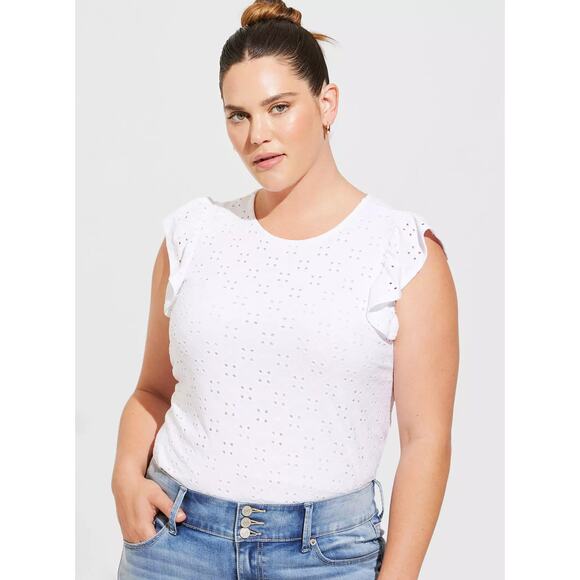 torrid Tops - Torrid Eyelet Jersey Crew Neck Ruffle Top Womens Plus Size 1X White Stretch